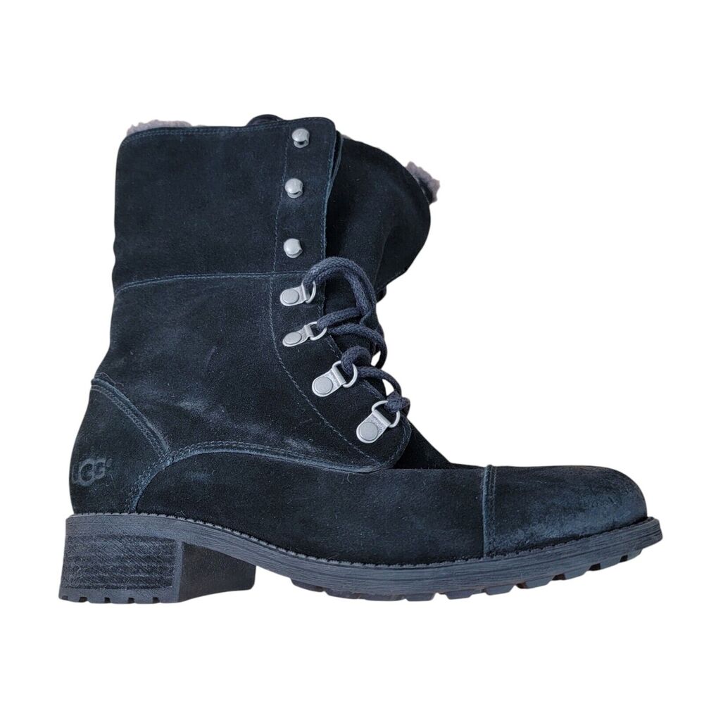 UGG Gradin Women's Black Suede Leather Lined Lace Up Fold-Down Combat Boot 7.5